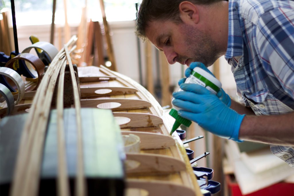 Otter Wooden Surfboard workshop Fergus gluing rails