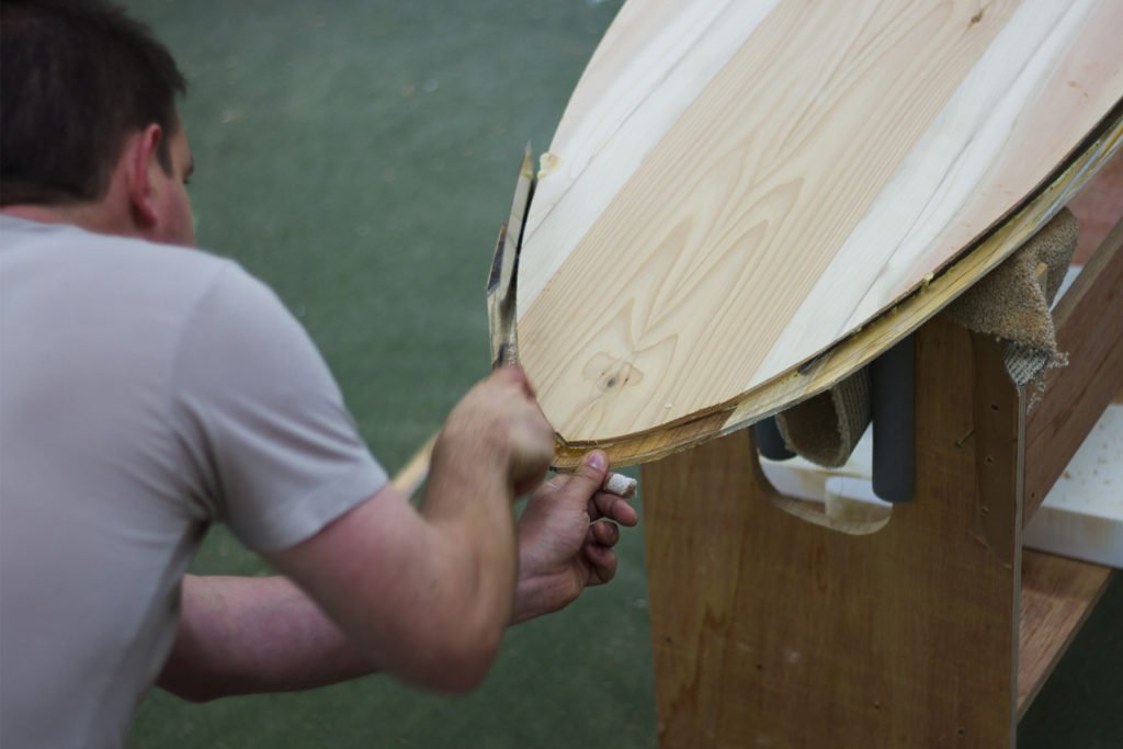 Otter Wooden Surfboard workshop Fergus cutting nose template