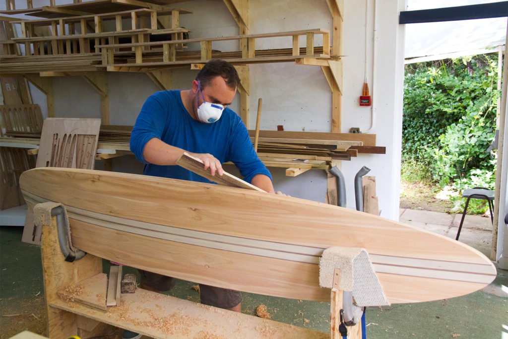 Otter Wooden Surfboard workshop Ian fairing rails