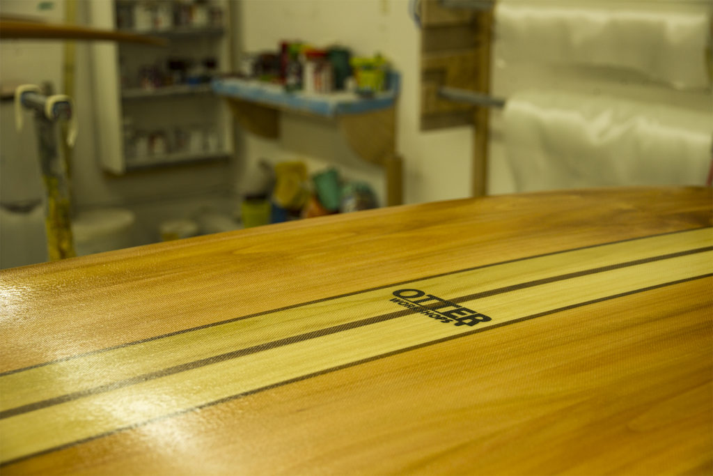 Diplock Phoenix Otter Surfboards Finishing touches Paul Fluin wooden surfboard lamintaion