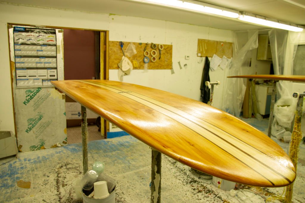 Diplock Phoenix Otter Surfboards Finishing touches Paul Fluin wooden surfboard lamintaion