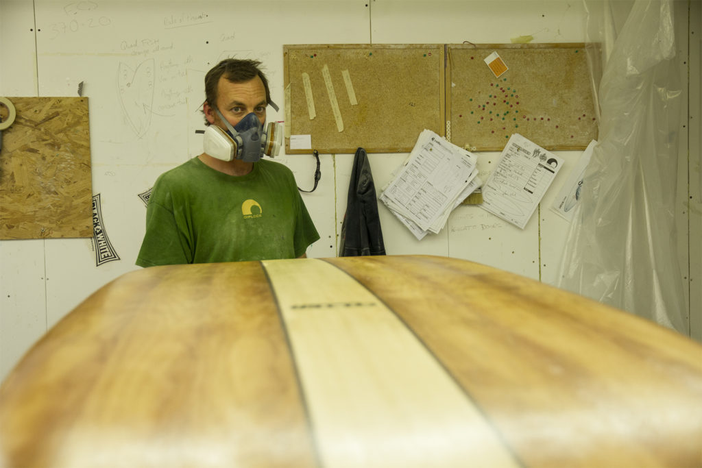 Diplock Phoenix Otter Surfboards Finishing touches Paul Fluin wooden surfboard lamintaion