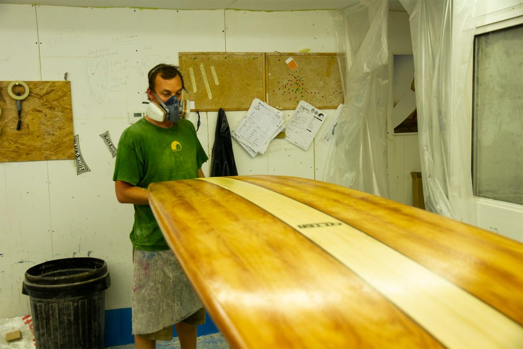 Diplock Phoenix Otter Surfboards Finishing touches Paul Fluin wooden surfboard lamintaion