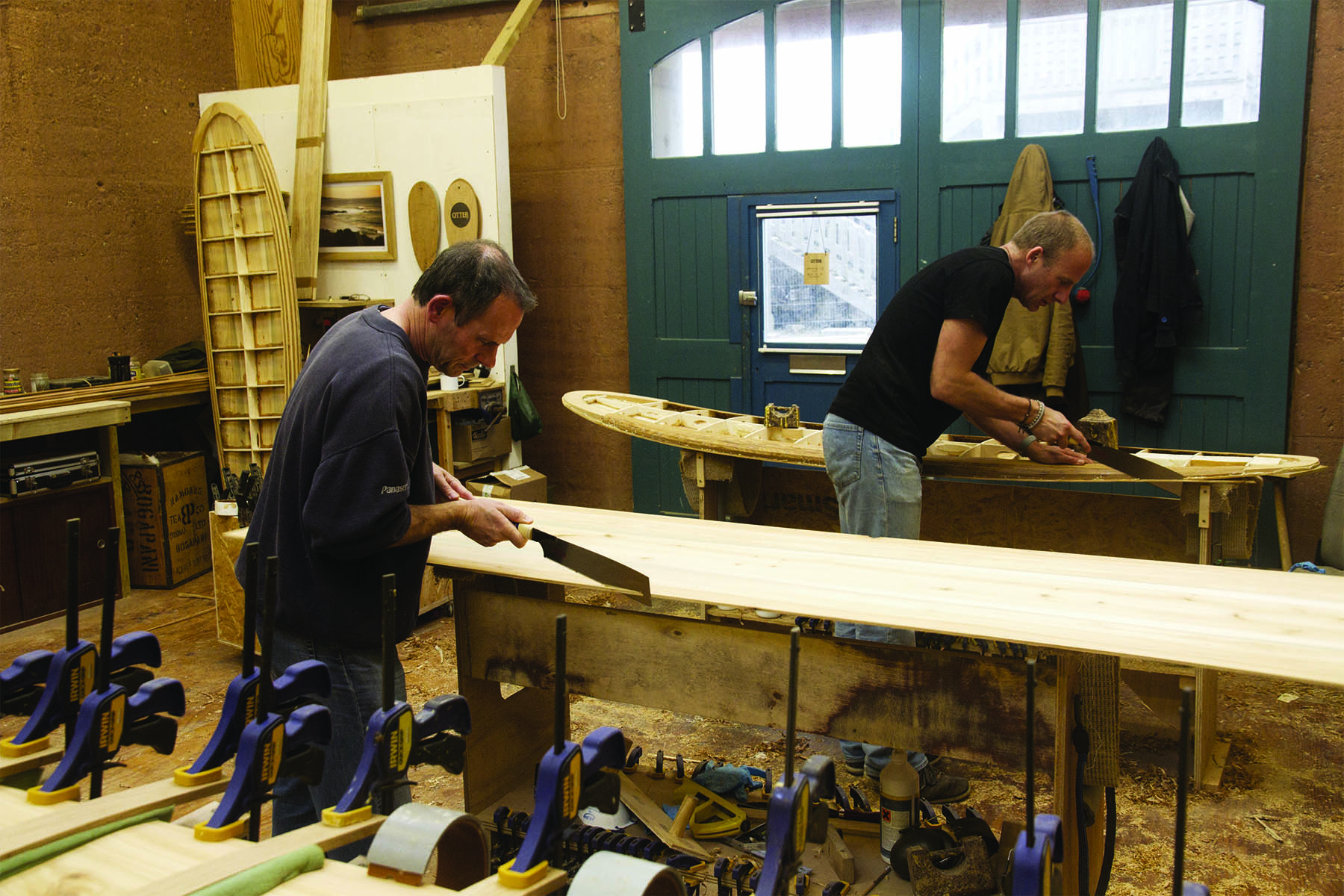 James Otter and a wooden surfboard workshop class in cornwall Jerome Lloyd and Graeme