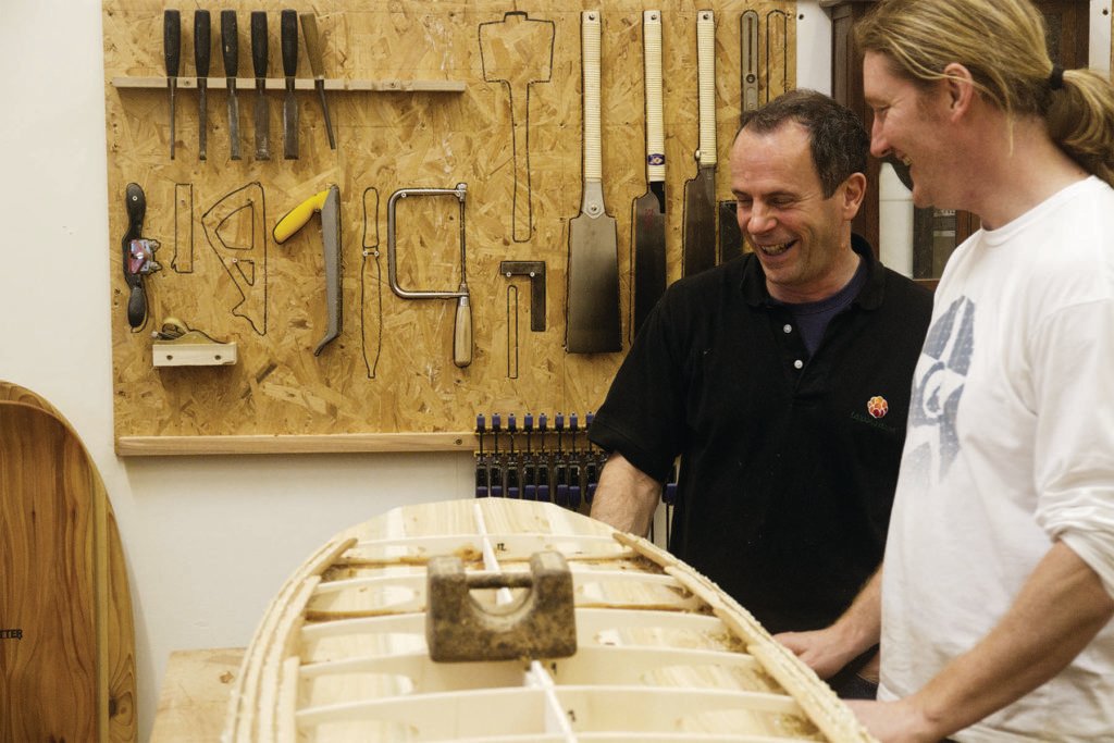 James Otter and a wooden surfboard workshop class in cornwall Jerome Lloyd and Graeme