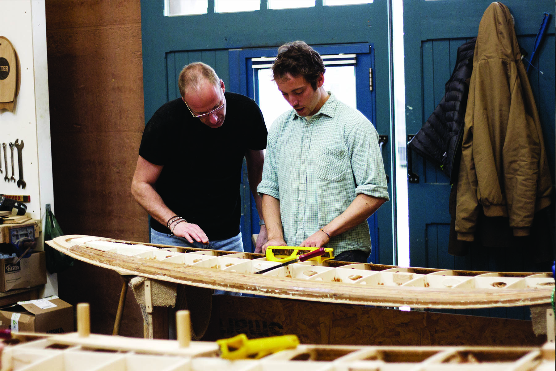 James Otter and a wooden surfboard workshop class in cornwall Jerome Lloyd and Graeme