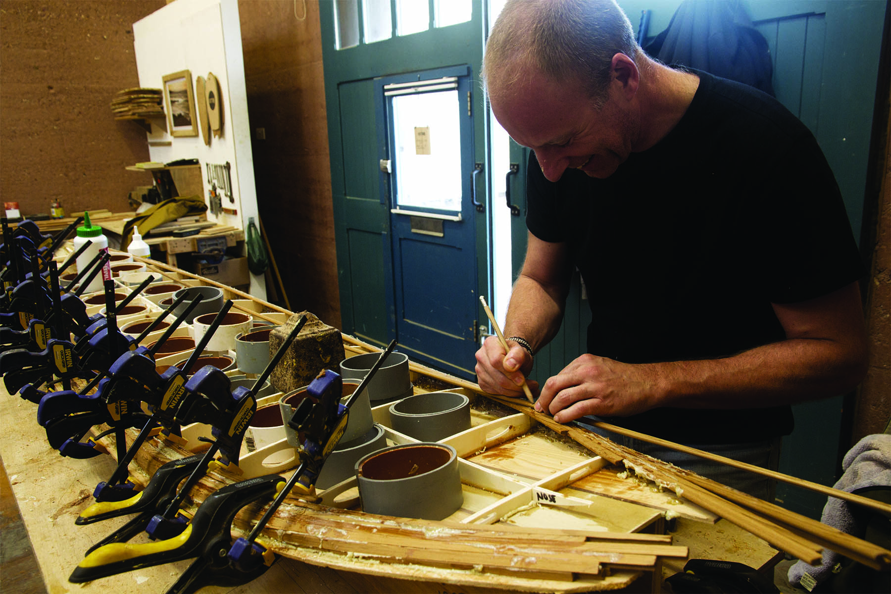 James Otter and a wooden surfboard workshop class in cornwall Jerome Lloyd and Graeme