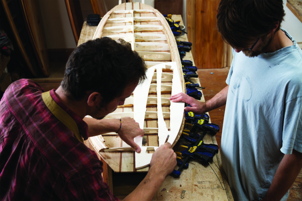 Helen and Duncan otter wooden surfboard workshop cornwall july 2014 james and duncan checking templates
