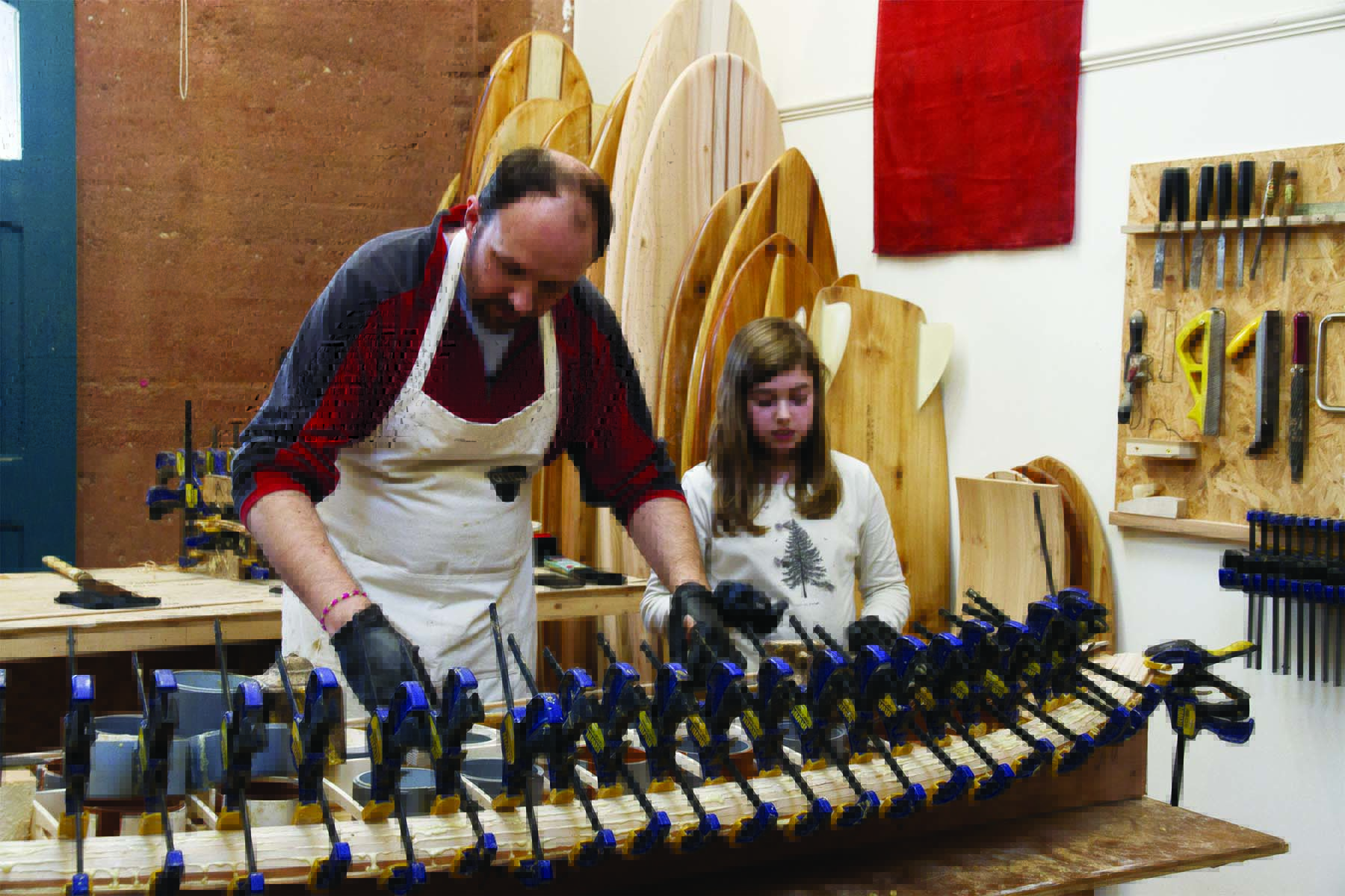 Alex and Jason otter wooden surfboard workshop October 2014 teamwork