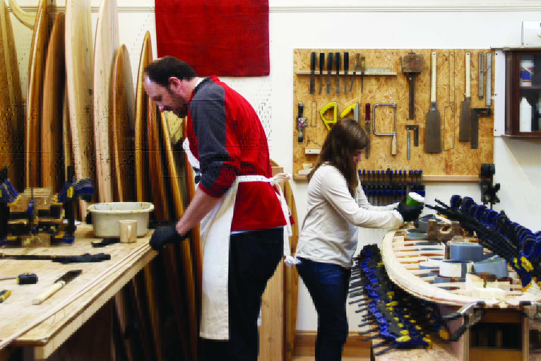 Alex and Jason otter wooden surfboard workshop October 2014 work stations