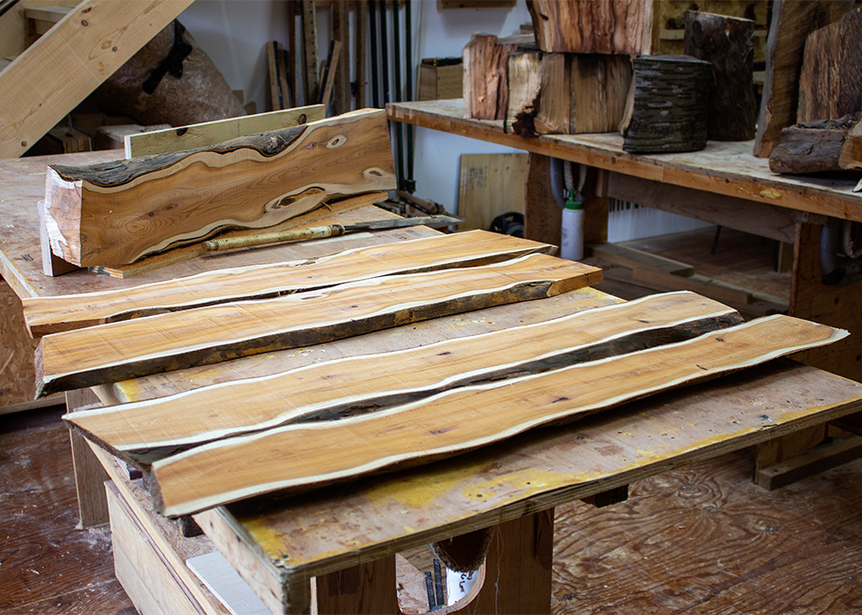 James otter highgrove timber selection in otter surfboards workshop