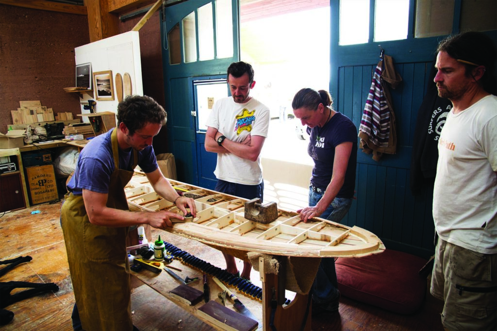 Otter Surfboards wooden surfboard workshop course in Cornwall group session with Martin, Tracey and Paul