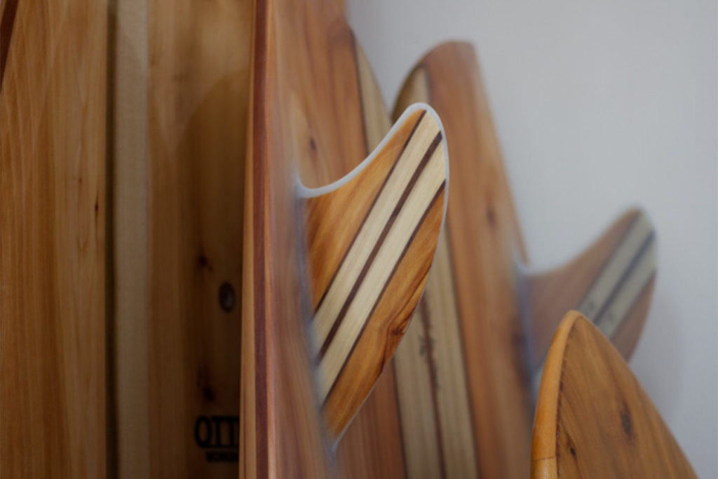 Otter Surfboards wooden surfboard workshop course in Cornwall Lloyd's fins glassed on