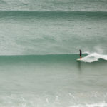 Marcus in trim on the Otter Surfboards Wooden Coaster at Chapel Porth, Cornwall.