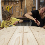 Workshop course for making a wooden paddle board in the otter surfboards workshop mum and son family.