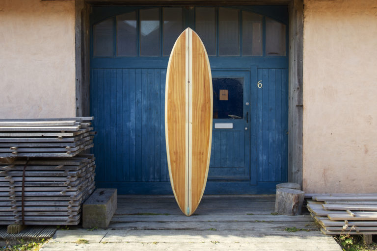 finished wooden surfboard composite otter surfboards workshop cornwall Roller Coaster