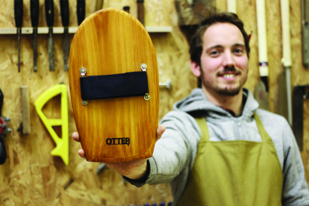 Otter Wooden bodysurfing bob Handplane and product shot in workshop