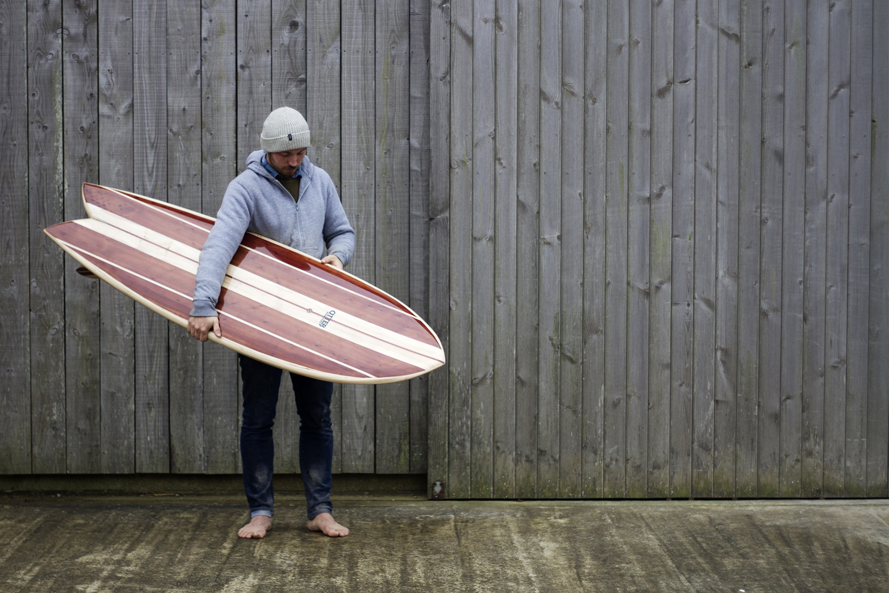 Claires special californian redwood custom otter wooden surfboard fetch fish workshop gloss