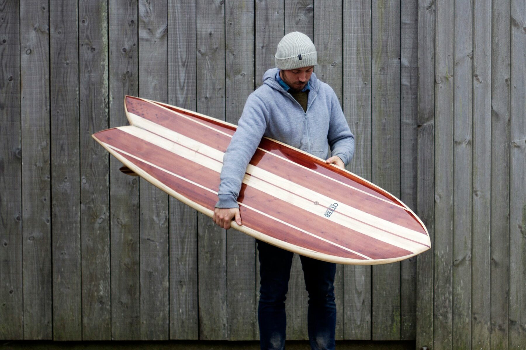 custom wooden surfboard with californian redwood and english poplar twin fin fetch