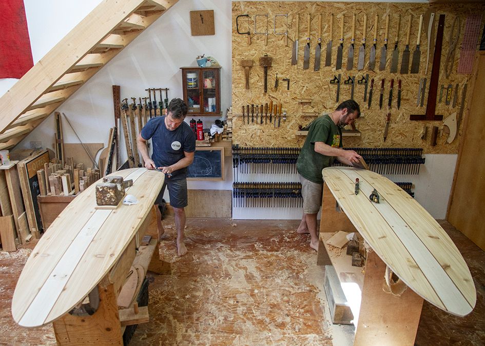Otter woden surfboard workshop shaping tool wall