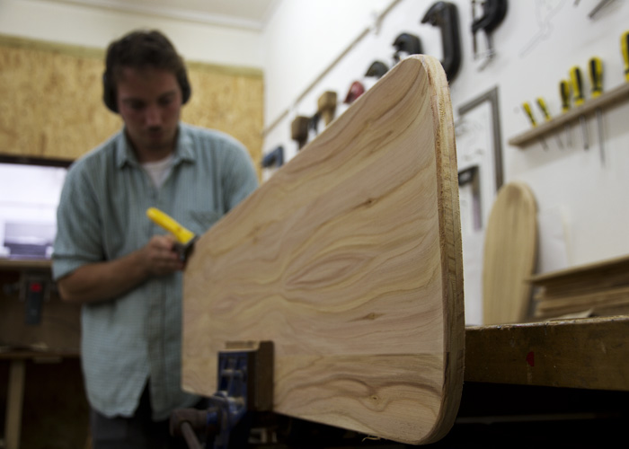 James Otter Shaping a wooden bellyboard