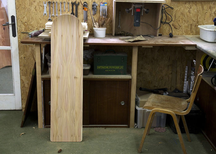 James Otter Shaping a wooden bellyboard