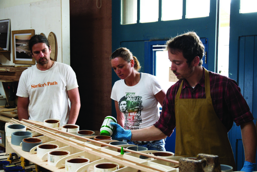 Tracy Martin and Paul Otter wooden surfboard workshop June 2014 James glue demo