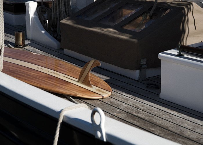 Island Hopper outline otter wooden surfboard fin detail