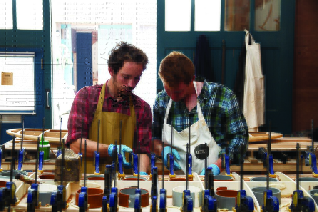 Ralph otter wooden surfboard workshop cornwall september 2014 ralph and james talking rail strips