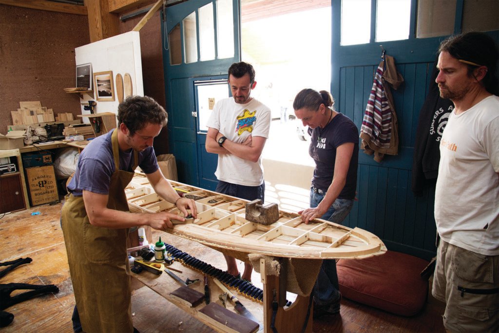 Tracy Martin and Paul Otter wooden surfboard workshop June 2014 james rail plane demo
