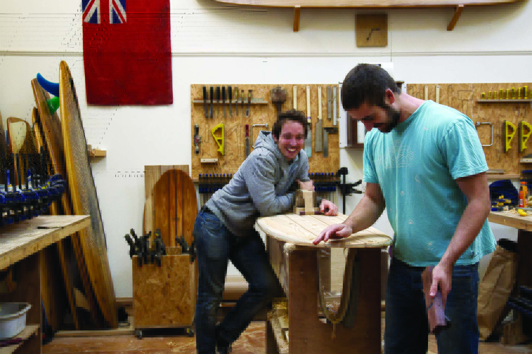 James williams and james otter wooden surfboard workshop cornwall february 2015 laughing