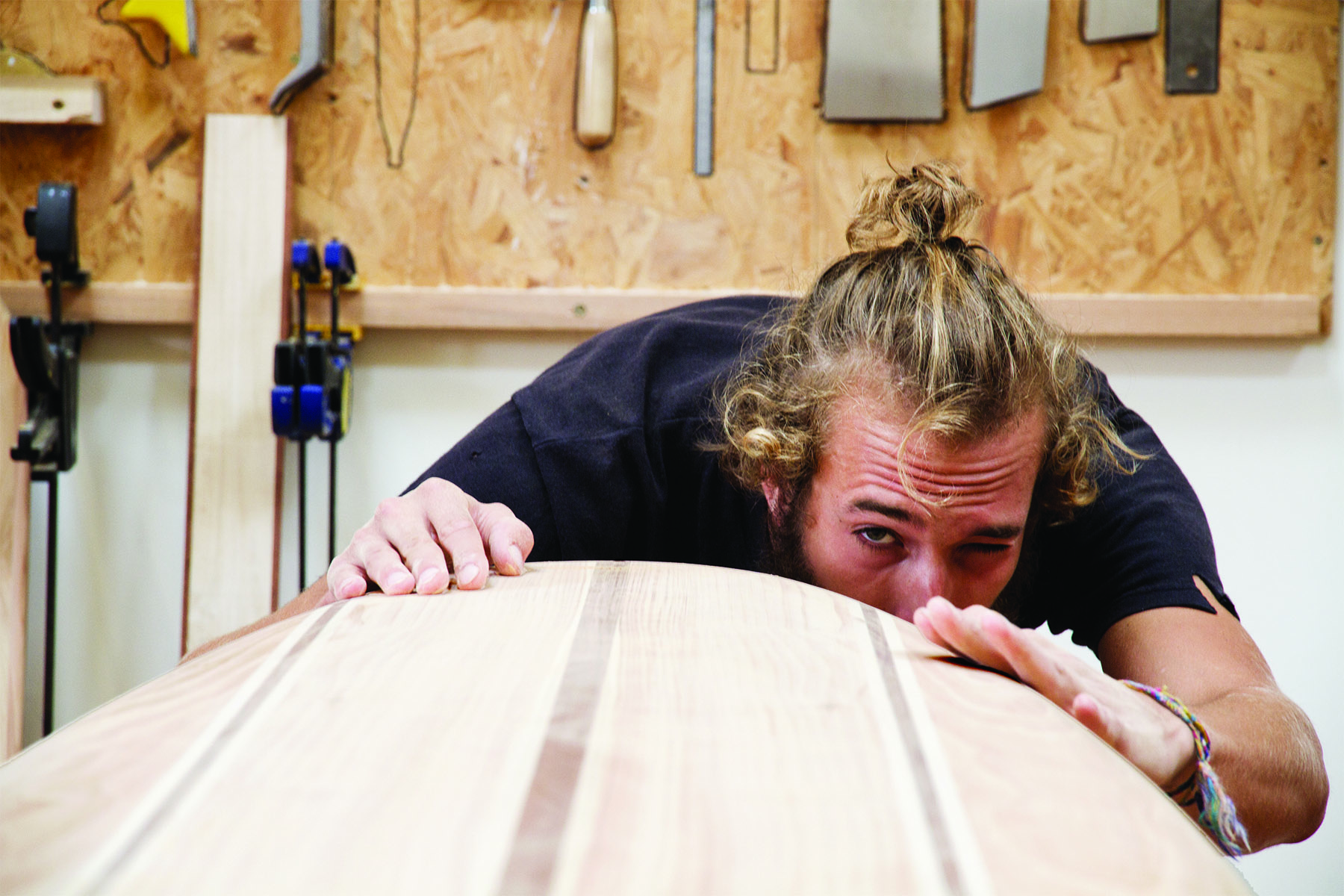 Luca otter wooden surfboard workshop cornwall july 2014 eyeing rail