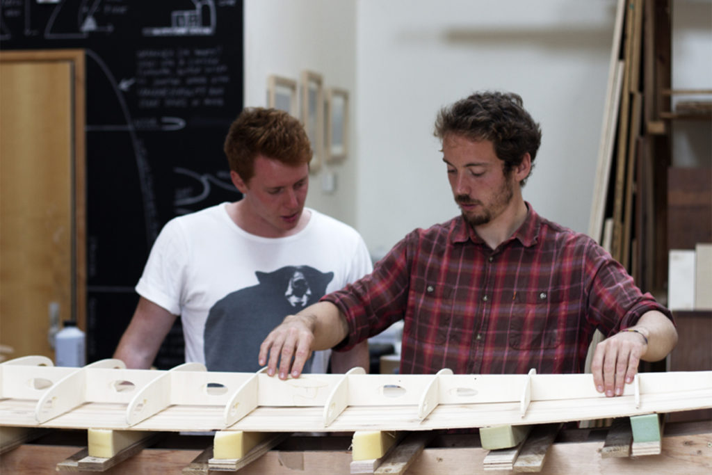 Ralph otter wooden surfboard workshop cornwall september 2014 ralp and james placing frame