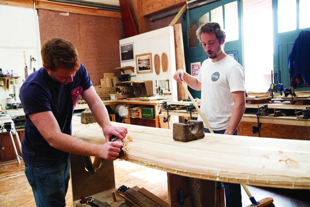 Ralph otter wooden surfboard workshop cornwall september 2014 plaing the rails