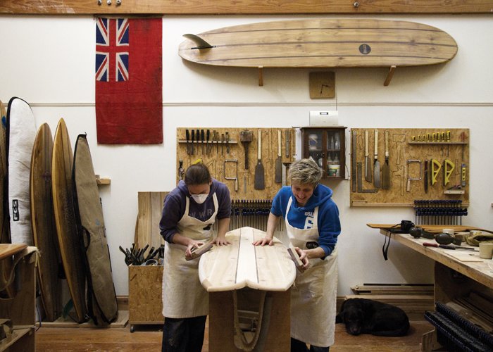 Penny and Rowena November Otter Wooden Surfboards Workshop Cornwall 2014 Both sanding