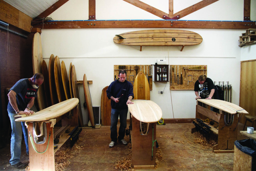 James Otter and a wooden surfboard workshop class in cornwall Jerome Lloyd and Graeme
