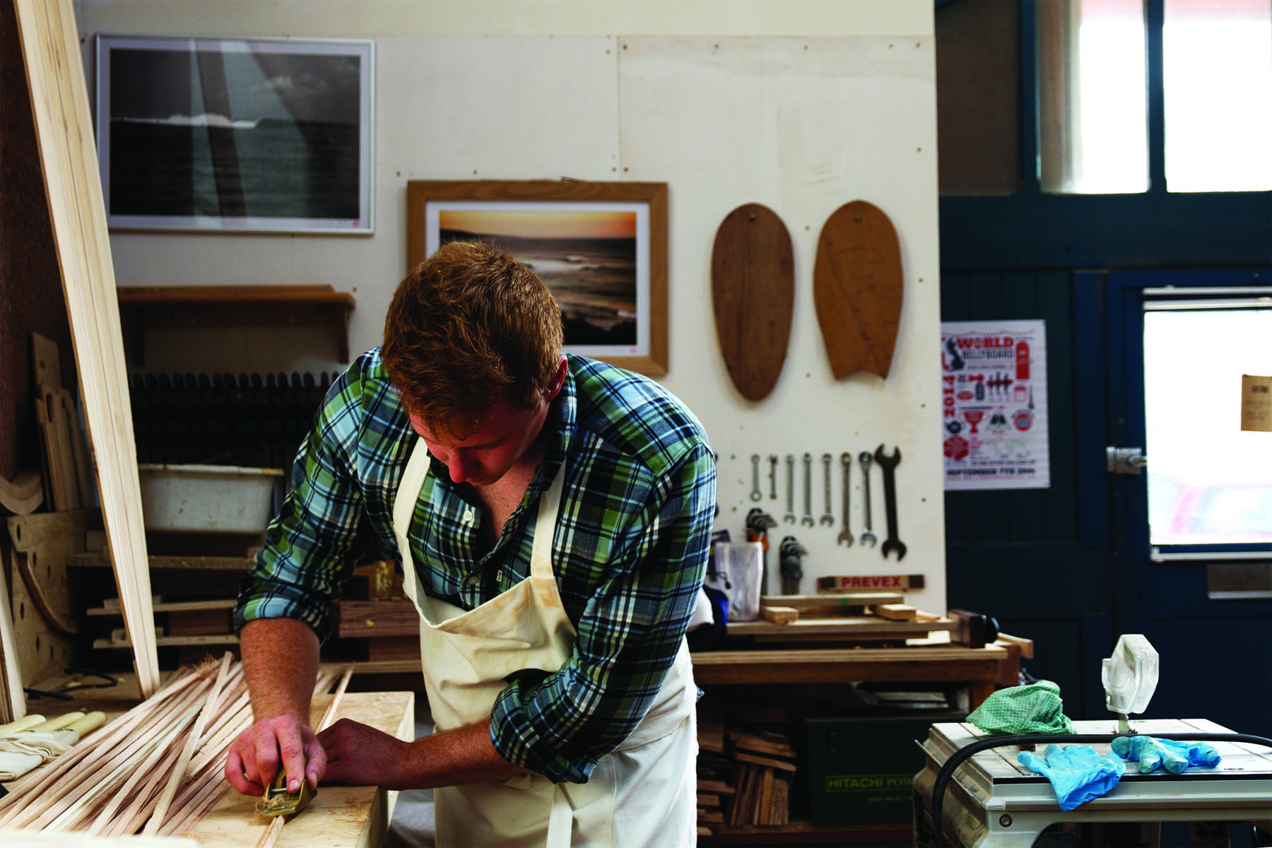 Ralph otter wooden surfboard workshop cornwall september 2014 working rails strips