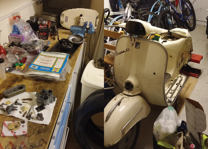 Alex and Jason otter wooden surfboard workshop October 2014 vespa