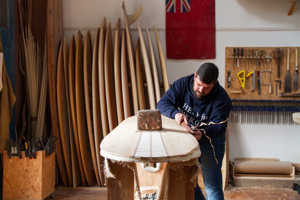 Tim Jones Help for Heroes Otter wooden surfboard workshop shaping