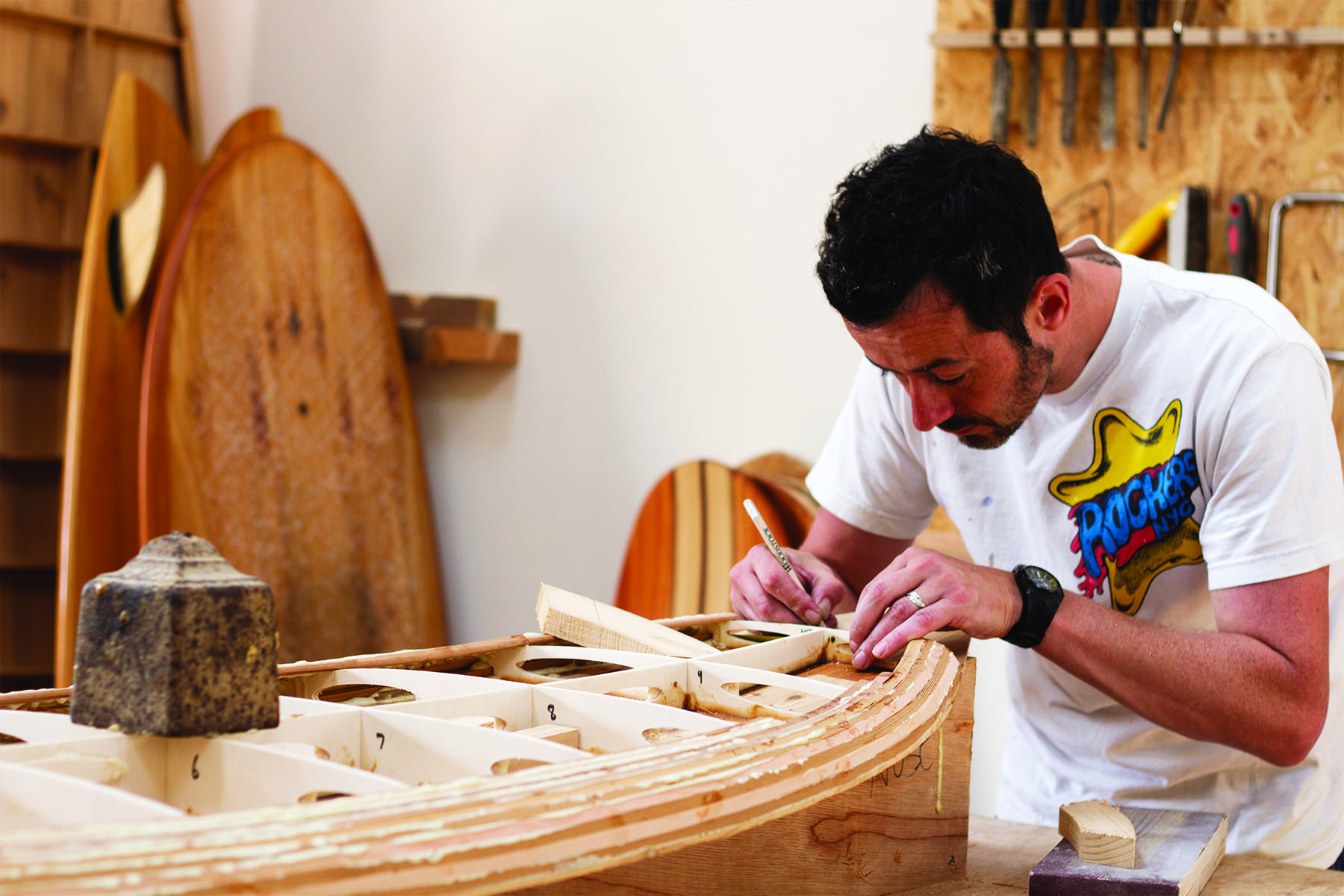 Tracy Martin and Paul Otter wooden surfboard workshop June 2014 martin marking nose blocks