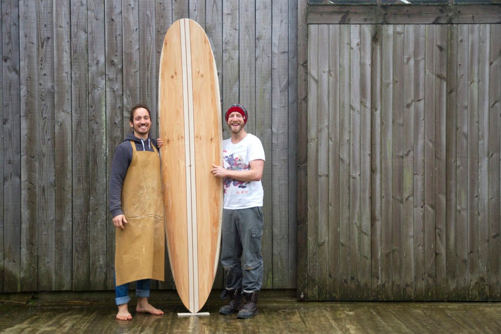 Kevin and Boris Otter Wooden Surfboard workshop cornwall december 2015 boris and james