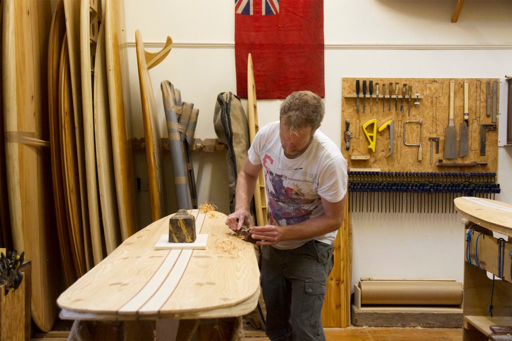 Kevin and Boris Otter Wooden Surfboard workshop cornwall december 2015 boris planing rail