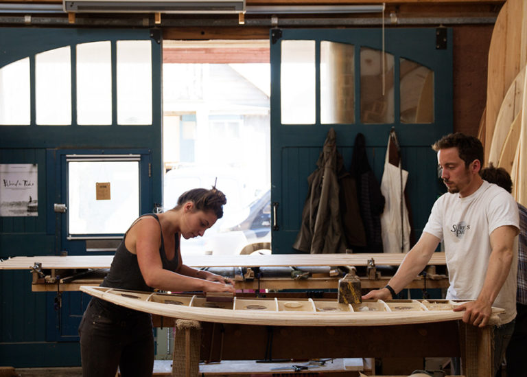 Otter Wooden Surfboard Workshop July 2015 Claire California redwood prepping the rails