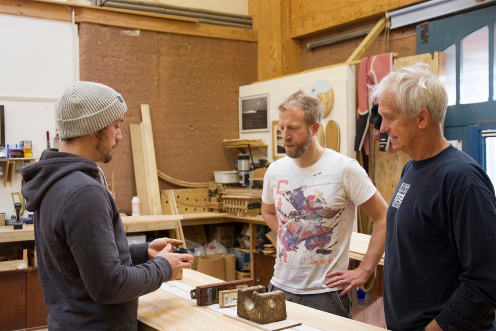 Kevin and Boris Otter Wooden Surfboard workshop cornwall december 2015 james introducing plane