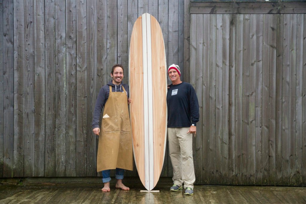 Kevin and Boris Otter Wooden Surfboard workshop cornwall december 2015 kevin and james