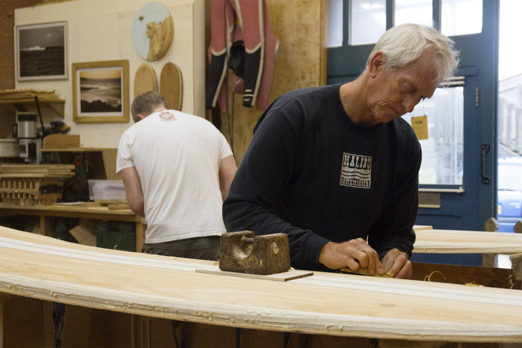 Kevin and Boris Otter Wooden Surfboard workshop cornwall december 2015 kevin and boris planing rails