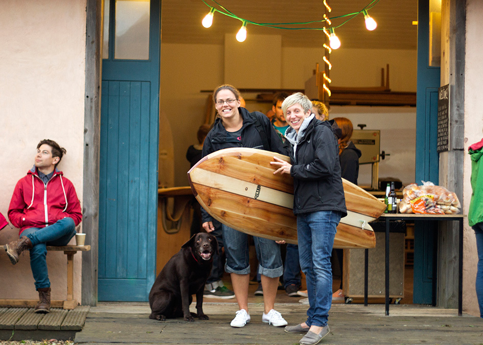 Otter wooden Surfboards open workshop boards bangers and beer 2015 penny and rowena