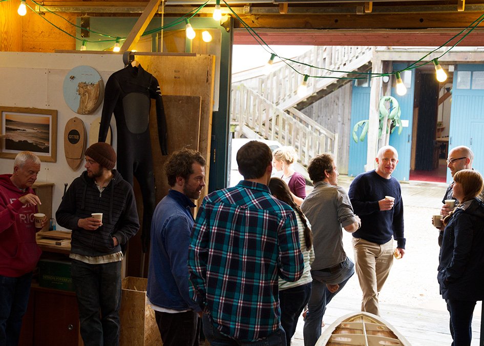 Otter wooden Surfboards open workshop boards bangers and beer 2015 crowd and kay