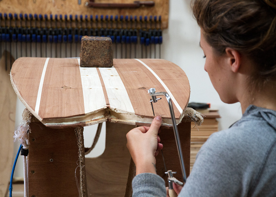 Otter Wooden Surfboard Workshop July 2015 Claire California redwood cutting the tail