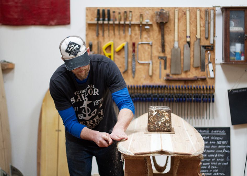 otter wooden surfboard workshop shaping